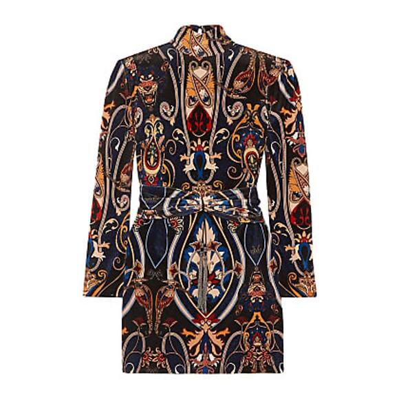 DUNDAS VELVET & LACE PAISLEY PRINT LONG SLEEVE MINI DRESS W FRONT BELT DETAIL 36 - Picture 2 of 13